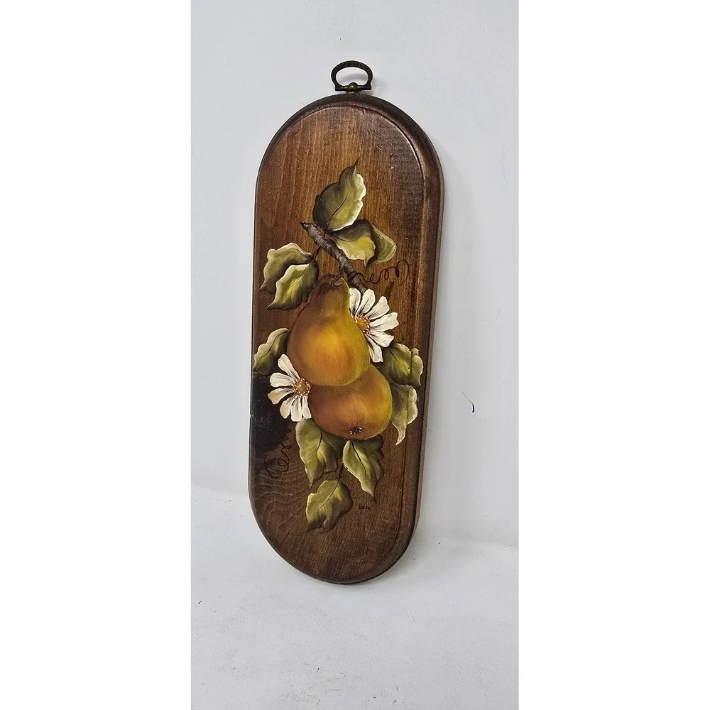Vtg hand painted‎ oil painting of pears on wood wall decor Plaque cottagecore
